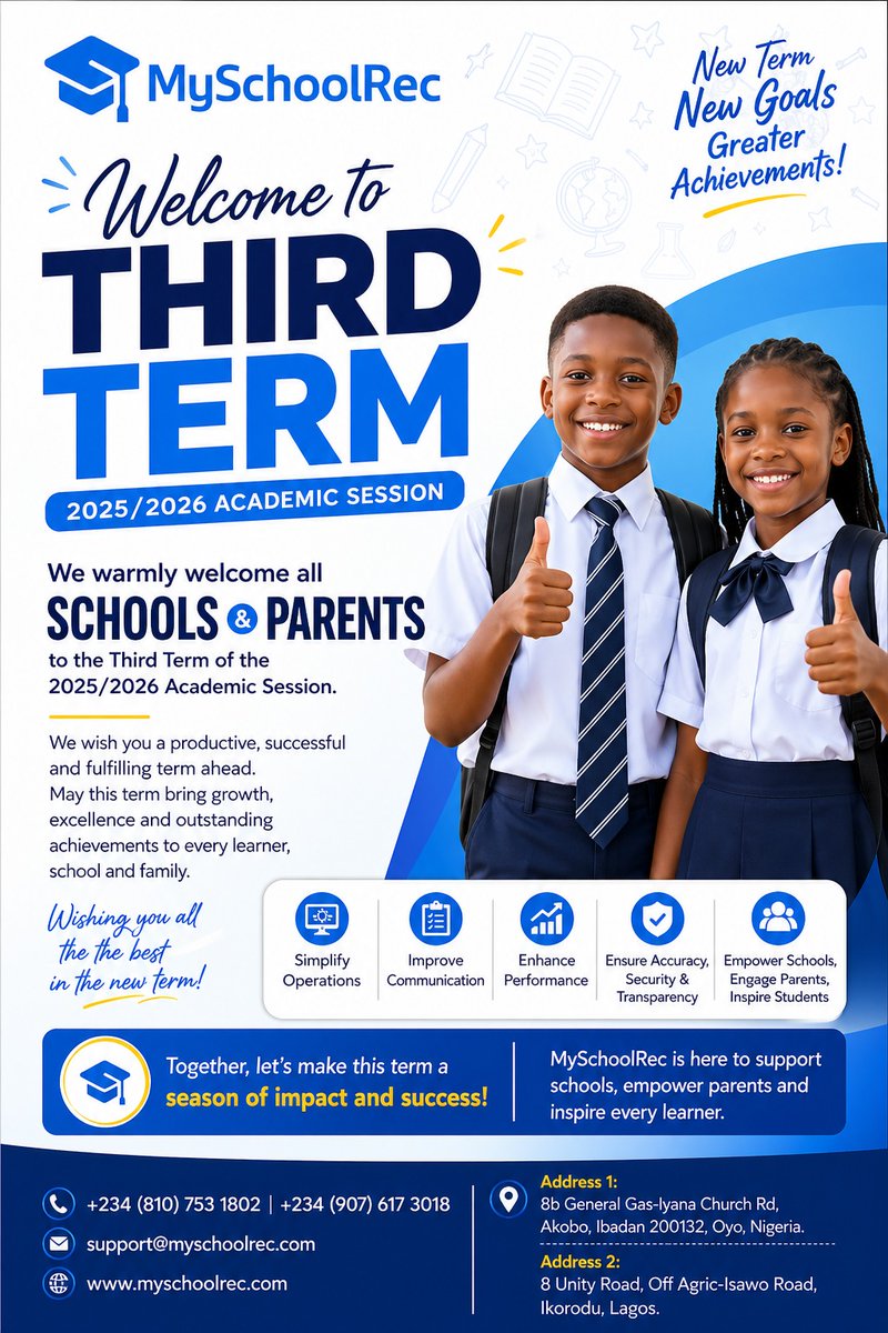 myschoolrec's tweet image. 🎓✨ Welcome to Third Term – 2025/2026 Academic Session! ✨🎓
We warmly welcome all schools, administrators, teachers, parents, and students to a new and promising term filled with growth, excellence, and outstanding achievements.
 #Resumption #EdTech #sms