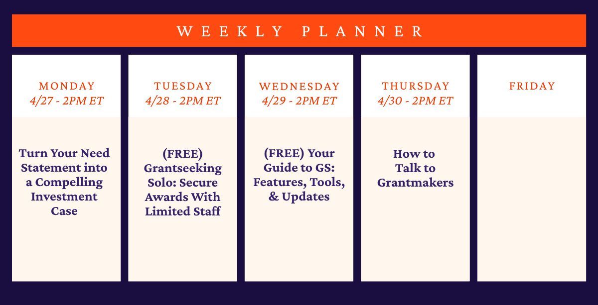 GrantStation's tweet image. We're closing out the month with a full week of webinars, including 2 free sessions!
Find details and register here ➡️ buff.ly/AvjGe28 

We hope to see you there! 
#grants #grantwriting #nonprofits #fundraising