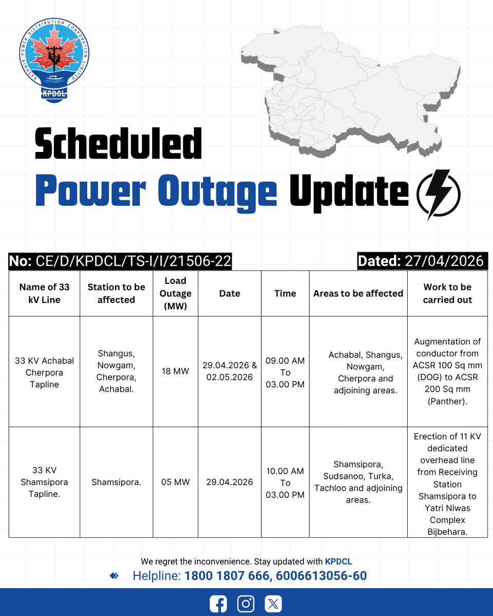 kpdcloffice's tweet image. Scheduled Power Shutdown Update of 33 KV Lines.

Stay prepared!

We regret the inconvenience caused.

#KPDCL #SHUTDOWN

@CM_JnK @OfficeOfLGJandK @diprjk @nasirsogami @DivComKash @GreaterKashmir @RisingKashmir