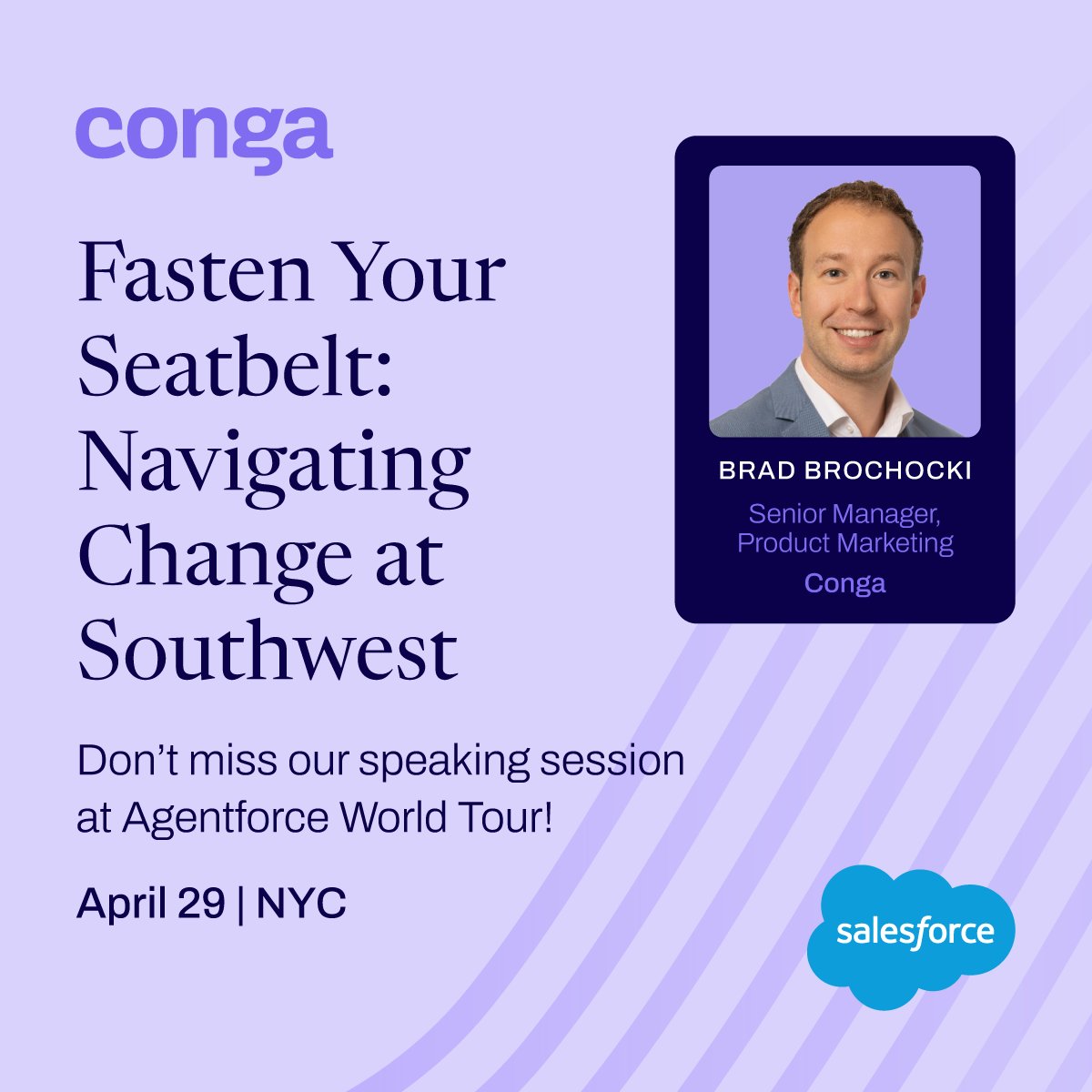 Dreamforce's tweet image. .@Conga_corp will be at #AgentforceTour NYC showing how they help teams simplify processes and run as connected, intelligent businesses. Don’t miss live demos, their session "Navigating Change at Southwest," and the chance to meet their experts. #sponsor
