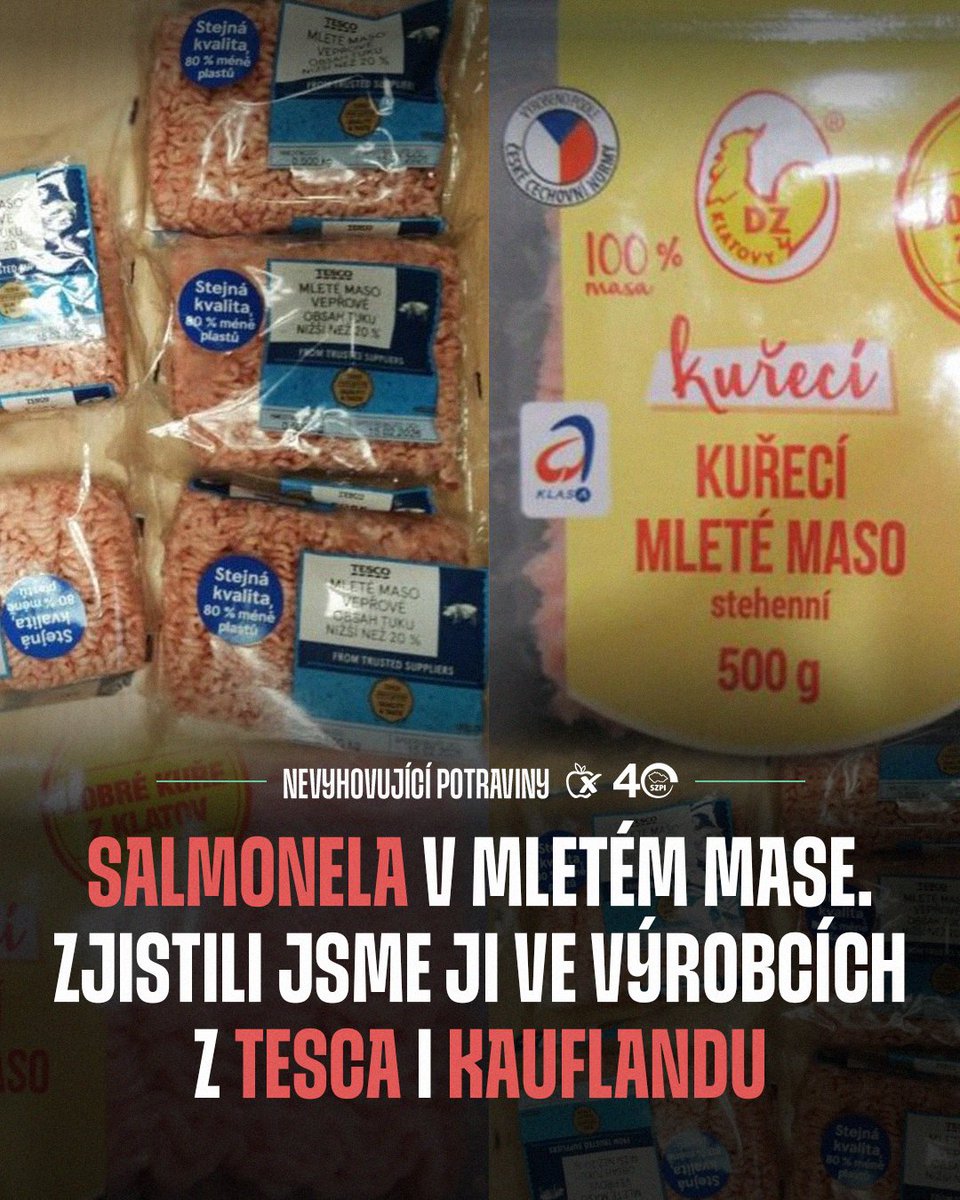 NaPranyri's tweet photo. 🦠 Salmonela v mletém mase. Inspektoři ji zjistili ve výrobcích z Tesca i Kauflandu
Státní zemědělská a potravinářská inspekce (#SZPI) upozorňuje na dva masné výrobky, u nichž laboratorní rozbor prokázal přítomnost bakterií salmonely, které mohou způsobovat salmonelózu. https://t.co/a3JAspto1c