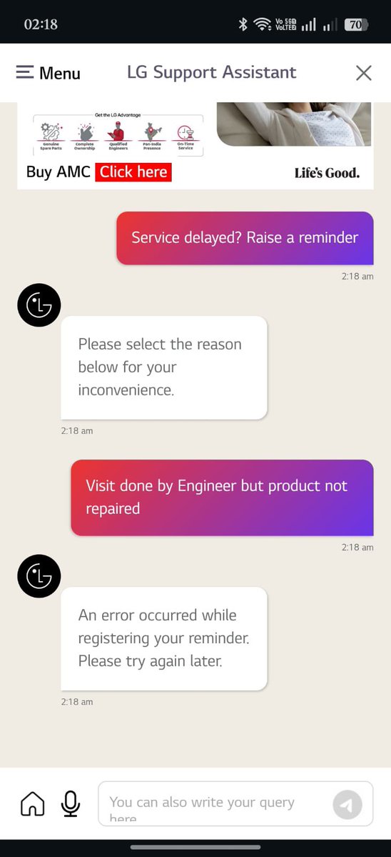 akanshathakur7's tweet image. Extremely disappointed with @LGIndia. My AC has been non-functional for 7 days, and the service team keeps citing 'unavailability of parts' as a reason for delay. In this heat, this is unacceptable for a premium brand. Please resolve this immediately.

#LGIndia #CustomerService