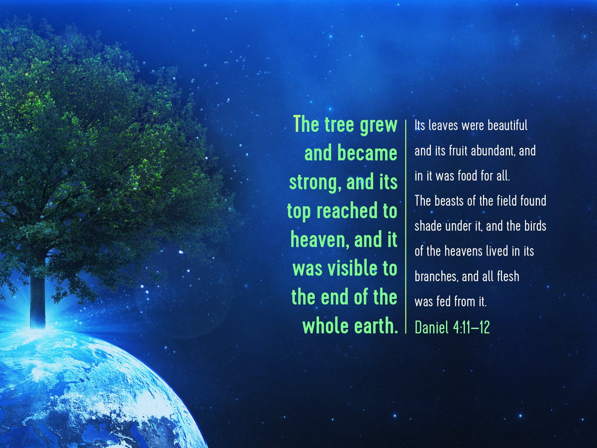 The tree grew and became strong, and its top reached to heaven, and it was visible to the end of the whole earth. Its leaves were beautiful and its fruit abundant, and in it was food for all. The beasts of the field found shade under it, and... Daniel 4:11–12 (ESV).