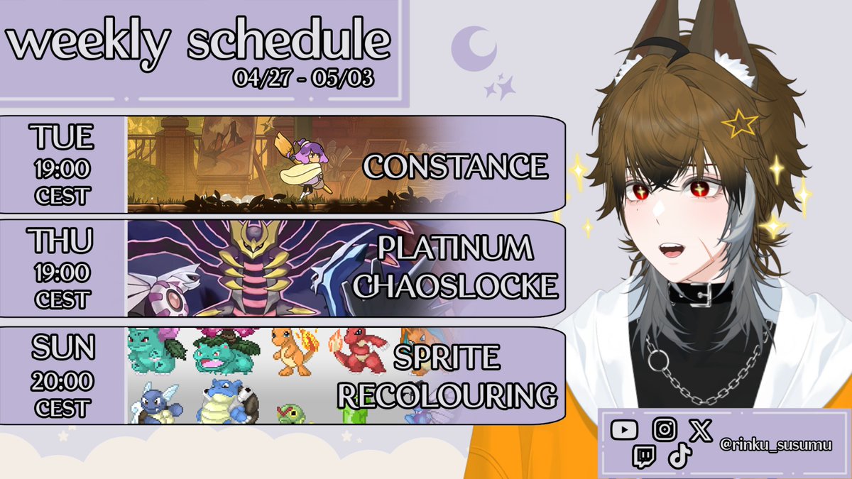 rinku_susumu's tweet image. ☾⋆₊✧ STREAM SCHEDULE ✧₊⋆☽

➸ CONSTANCE on Tuesday!

➸ PLATINUM CHAOSLOCKE on Thursday!

➸ SPRITE RECOLOURING on Sunday!

⇓ LINKS BELOW ⇓

⋆·˚ ༘ *⋆·˚ ༘ *⋆·˚ ༘ *⋆·˚ ༘ *⋆·˚ ༘ *⋆·˚ ༘ *

♡’s and ↻’s are appreciated! 
#ENVtuber ⋆ #Vtuber ⋆ #VtuberUprising
