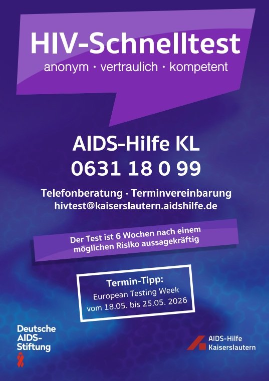 HIV-Schnelltest bei #aidshilfekaiserslautern

anonym – vertraulich – kompetent

Mit freundlicher Unterstützung der Deutschen AIDS-Stiftung. Vielen Dank!

Termin per E-Mail auf
hivtest@kaiserslautern.aidshilfe.de

#HIVschnelltest  #kaiserslautern #europeantestingweek