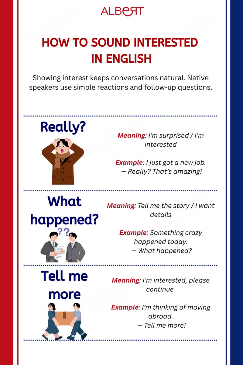 Albert_Learning's tweet photo. Want to sound more engaging in English conversations? Sometimes, all it takes is the right reaction. These simple phrases help you sound more interested, engaged, and natural in English 💬

Learn with Albert Learning and speak with confidence!❤️💙

#LearnEnglish #AlbertLearning https://t.co/eOw7Cs1lpp