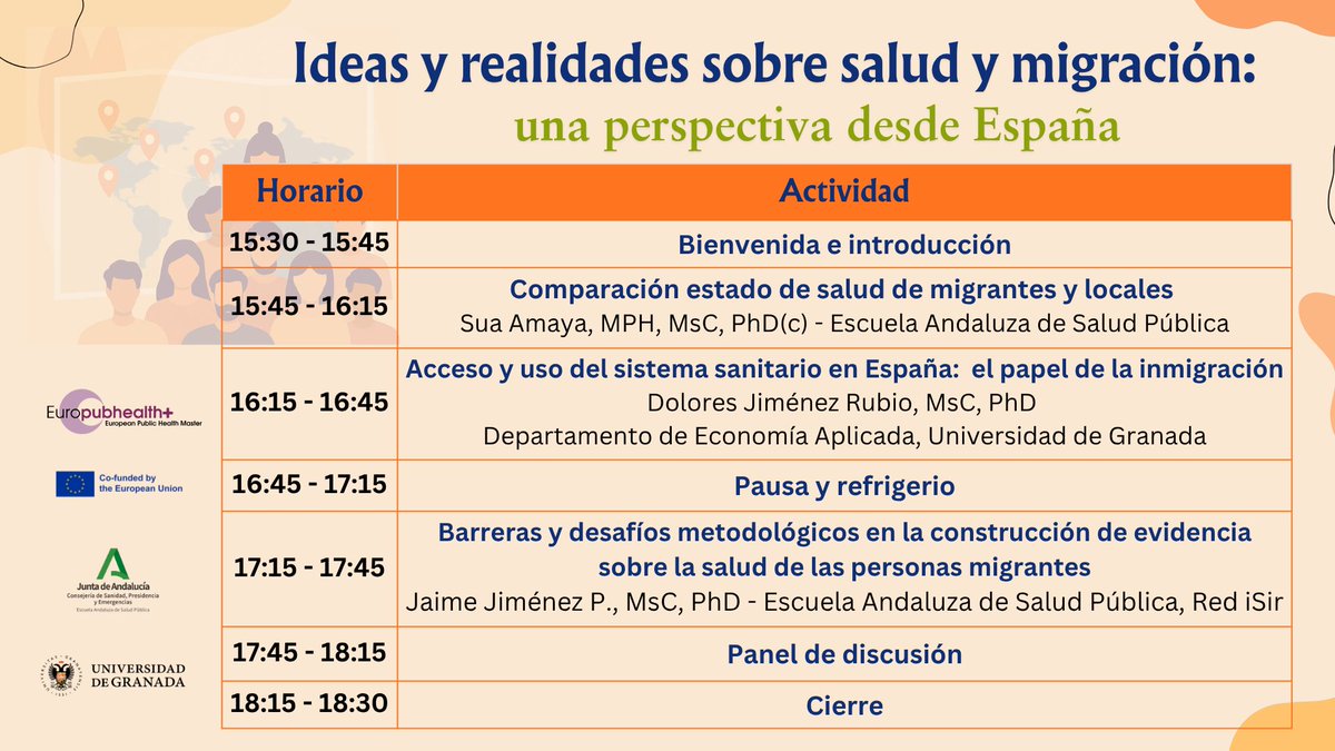 EASPsalud's tweet photo. @redisir @EuroPH @CanalUGR @jimenezpernett Recuerda que si no te has podido inscribir al Simposio: 

Ideas y Realidades sobre Salud y Migración (Europubhealth+), 

organizado por el alumnado del XX Máster de Excelencia en Salud Pública, en unos días estará disponible en:

https://t.co/XjBw7p6KCx https://t.co/vZpkMB2hcJ