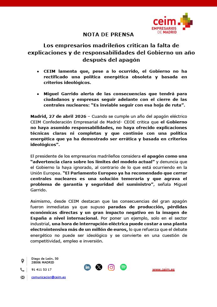_CEIM_'s tweet photo. 🔴#ComunicadoCEIM | Un año después del apagón, siguen faltando explicaciones y responsabilidades.

📌Mantener una política energética ideológica y cerrar nucleares como #Almaraz pone en riesgo la competitividad, el empleo y la seguridad del suministro.

🗣️ @mgarridocierva: "España no puede permitirse otro apagón".

🔗 + información ➡️ https://t.co/xTXrzDOPh8