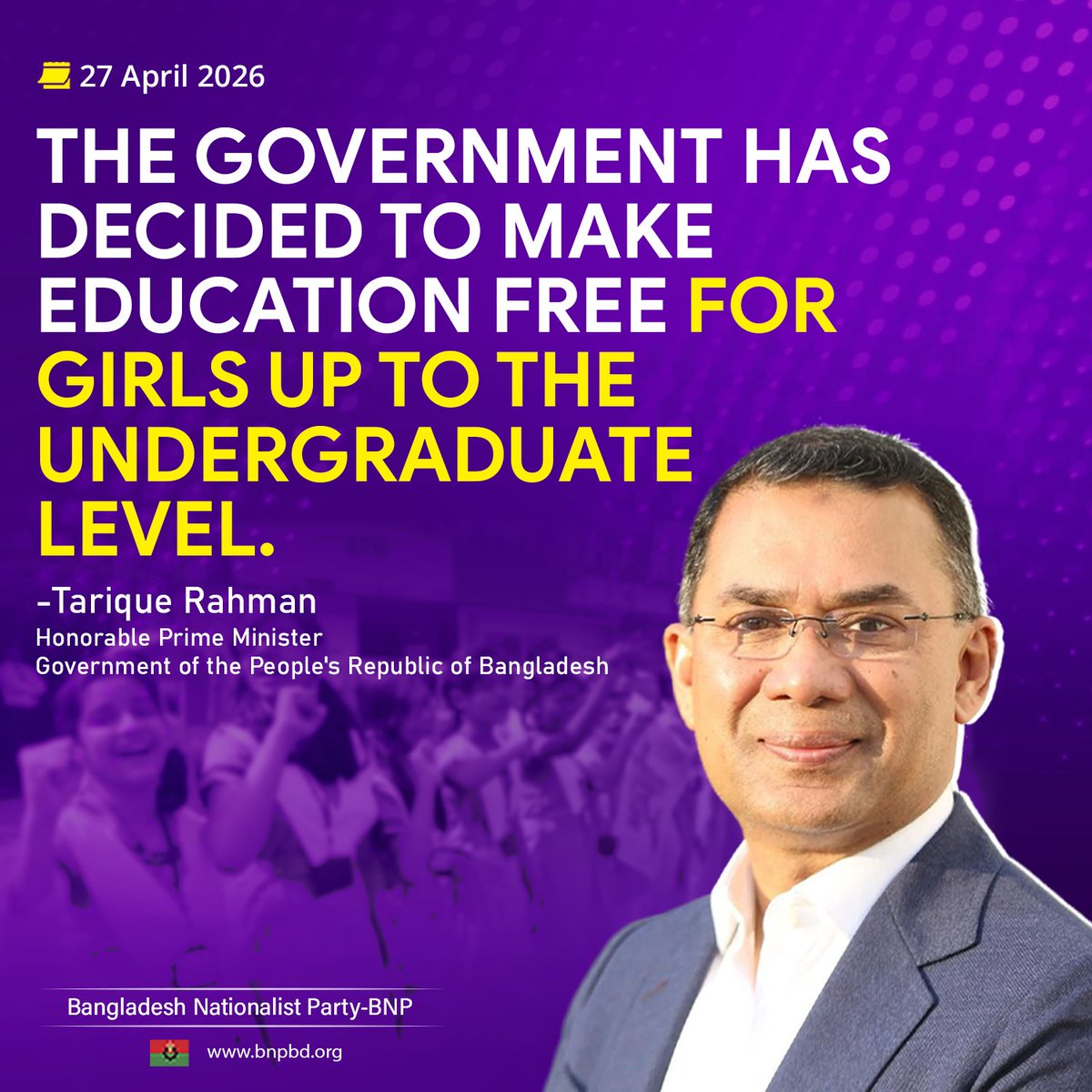 bdbnp78's tweet photo. Nearly half of Bangladesh’s population is women. The country cannot move forward by leaving them behind. To empower women, the current BNP government has introduced the “Family Card” and has decided to provide free education for women up to the undergraduate level.

At the same time, we will also introduce stipends for girl students who achieve good results.

Tarique Rahman
BNP Chairman and Honorable Prime Minister
People’s Republic of Bangladesh

#PM #TariqueRahman #BNP #FamilyCard #WomenEmpowerment