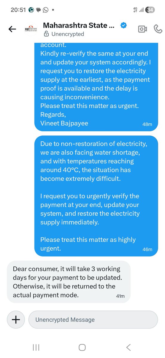 vineetbbajpayee's tweet photo. Made an IMPS payment for electricity—money deducted instantly, but @MSEDCL says it will take 3 working days to update and restore supply.
Disconnection is immediate, but restoration takes days? Facing no electricity &amp; water in 40°C heat.
Request urgent intervention &amp; restoration https://t.co/zdKzJteHLU