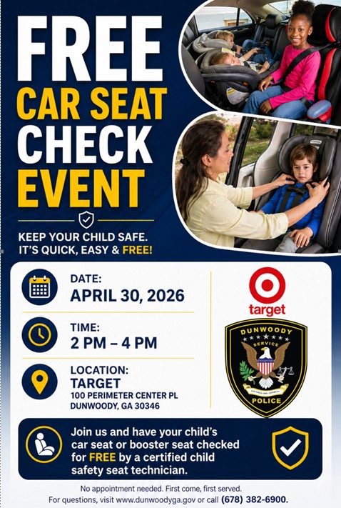 DunwoodyPolice's tweet image. Come join us on Thursday, April 30th from 2-4pm to get your car seat checked for free by a certified car seat technician in the Target parking lot.

#carseat #police #dunwoodypolice