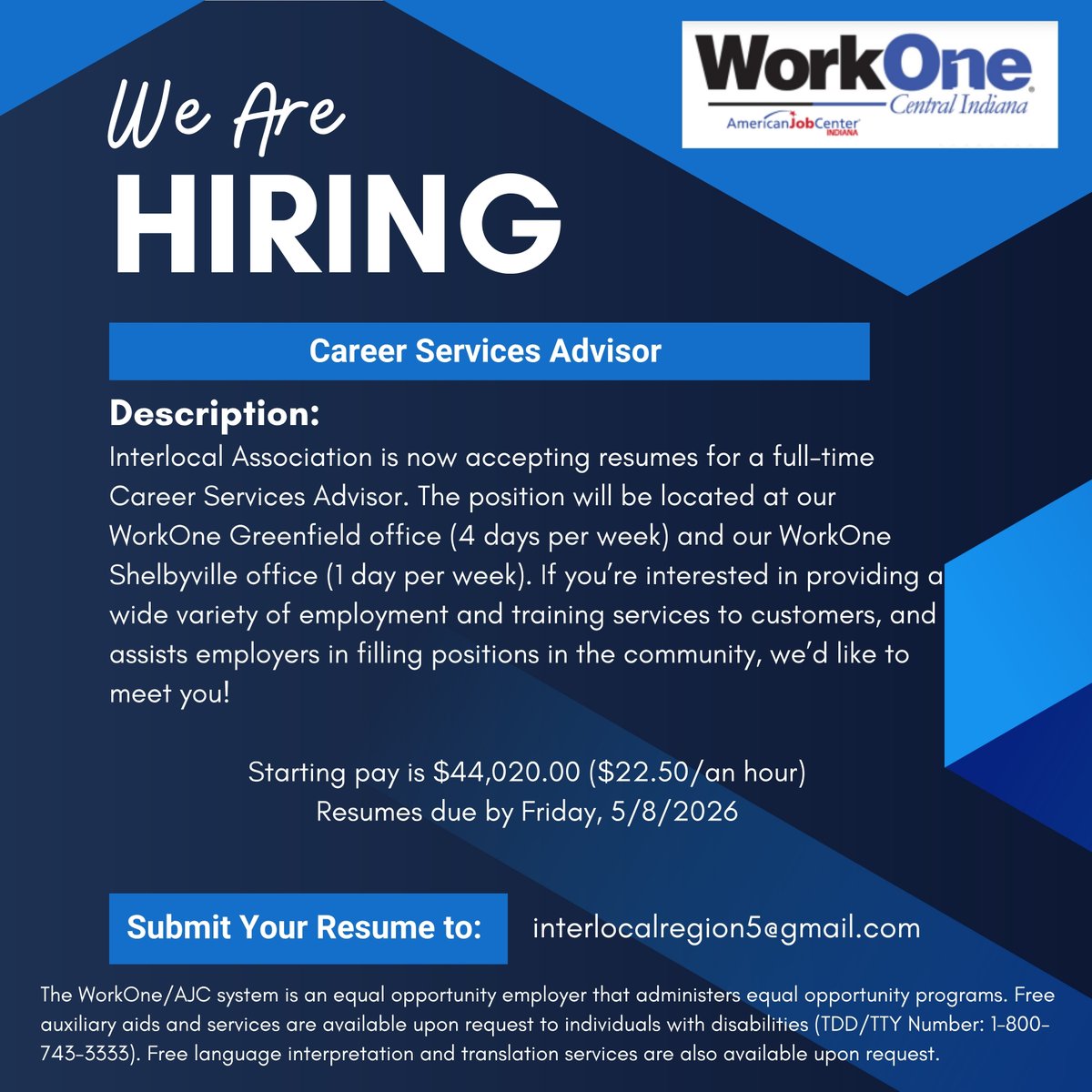 WorkOne/Interlocal Association is hiring a Career Services Advisor for unemployed
and underemployed adults. #hiring #jobs #recruiting