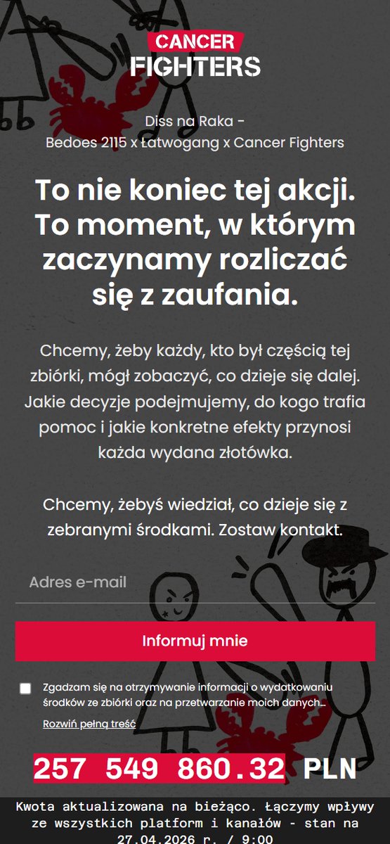 ikara_zbrodnia's tweet photo. Cancer Fighters uruchomili stronę "centrum transparentności" po zbiórce łatwogang na 251 mln zł: https://t.co/HiL8Vi8GRn

Plus dla nich, że to zrobili. Plus, że szybko. Teraz wszyscy niedowiarki mają miejsce, gdzie mogą śledzić każdą złotówkę. Trzymam kciuki, żeby tam za chwilę pojawiły się konkrety: kwoty, faktury, decyzje, podopieczni.

I pytanie do dyskusji:

A WOŚP ma taką stronę?