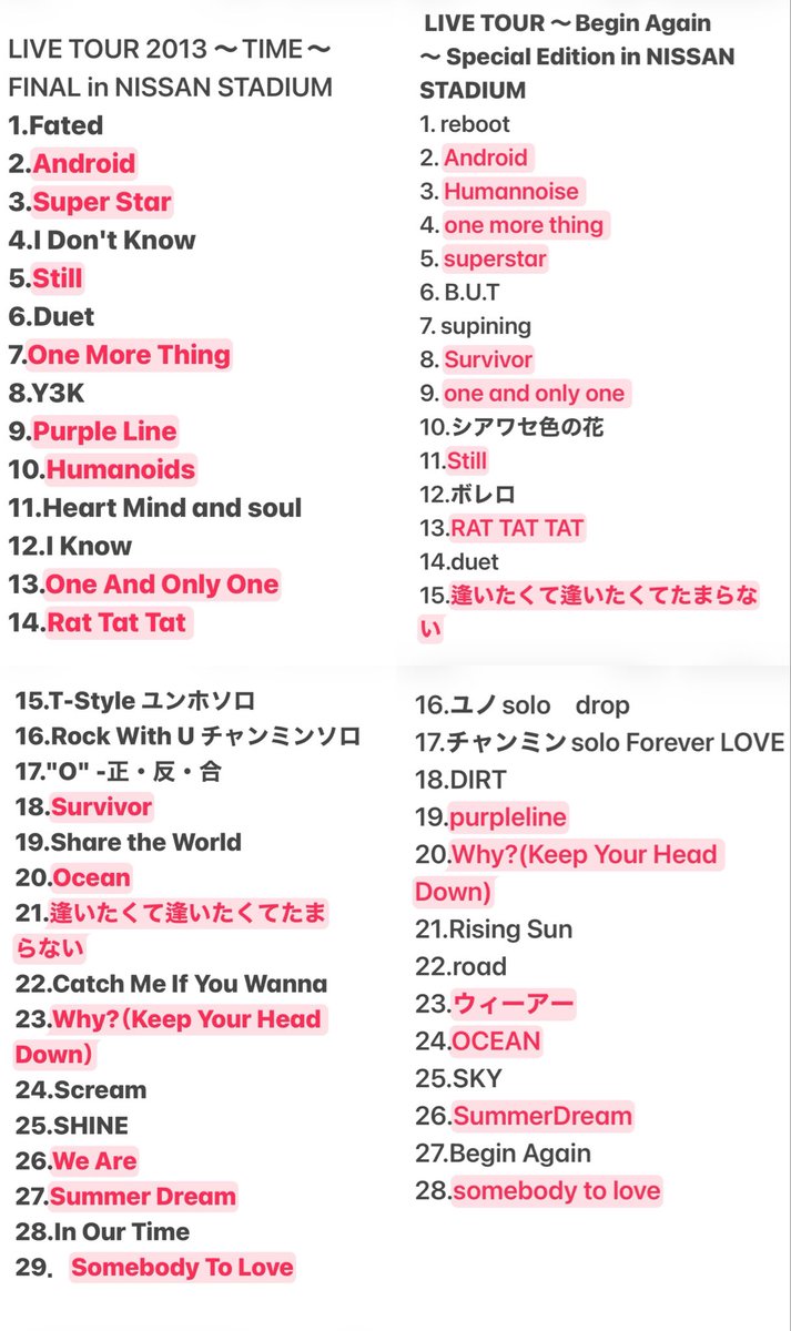 前に2回のスタジアムライブのセトリで同じ曲結構あったってポストした