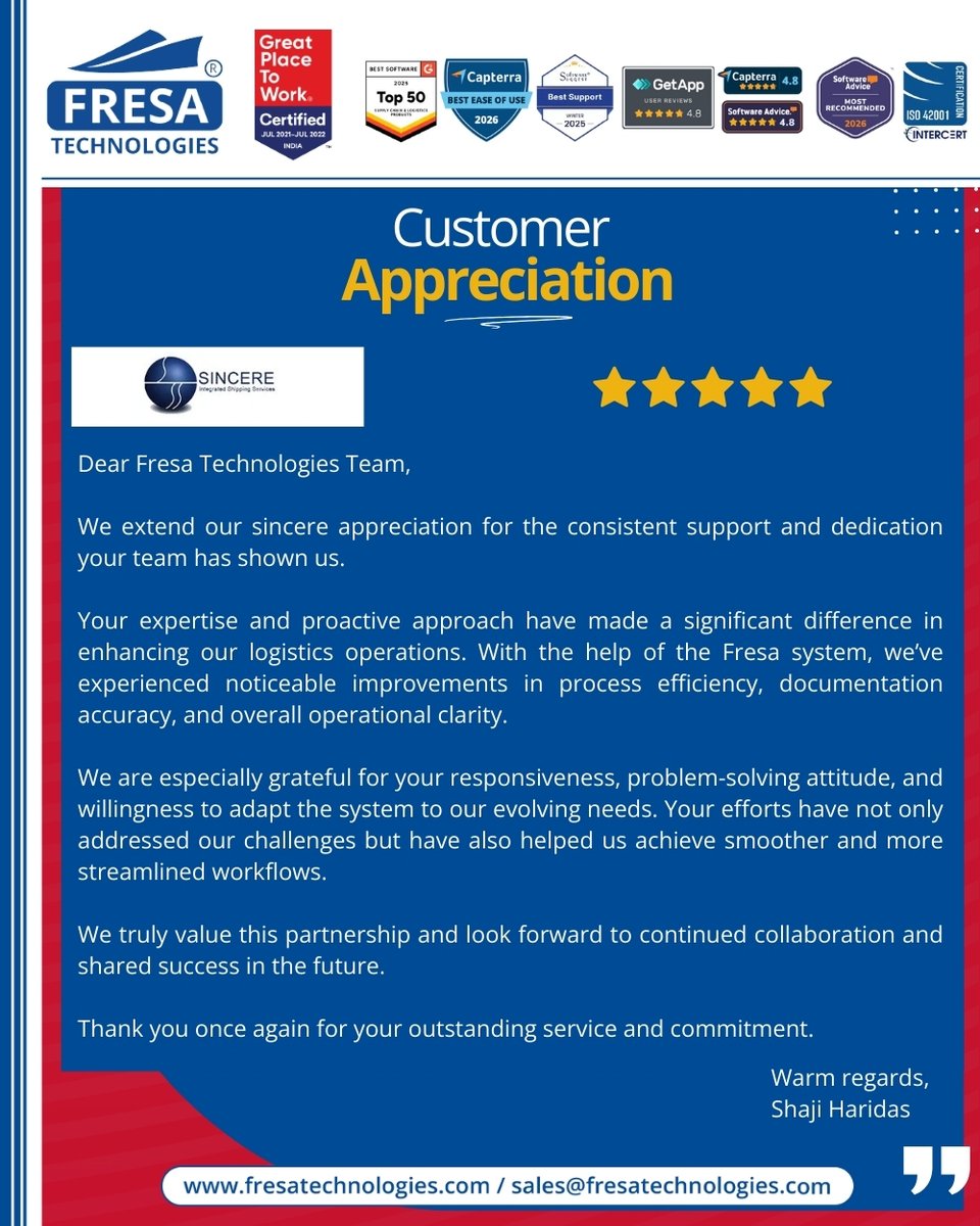fresatechnology's tweet image. ✨We are deeply grateful to Sincere Integrated for their kind appreciation letter.

🚀 Future of Freight Intelligence with Fresa Gold Voice Support!
chatgpt.com/g/g-69d0f9be4d…

#FresaTechnologies #FreightSolutions #FreightForwarding #LogisticsSoftware #ERPforLogistics