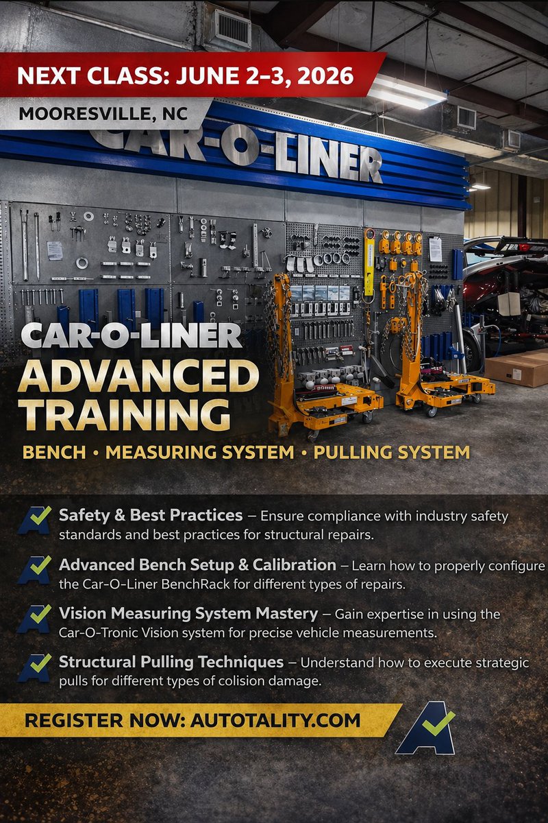 AutotalityUSA's tweet photo. 📢 Car-O-Liner Advanced Training – Mooresville, NC

📅 June 2–3 

Hands-on training for bench setup, measuring systems &amp; structural pulling.

#CollisionRepair #AutoBodyTraining #CarOLiner #FrameRepair https://t.co/vJ2JRlwzES