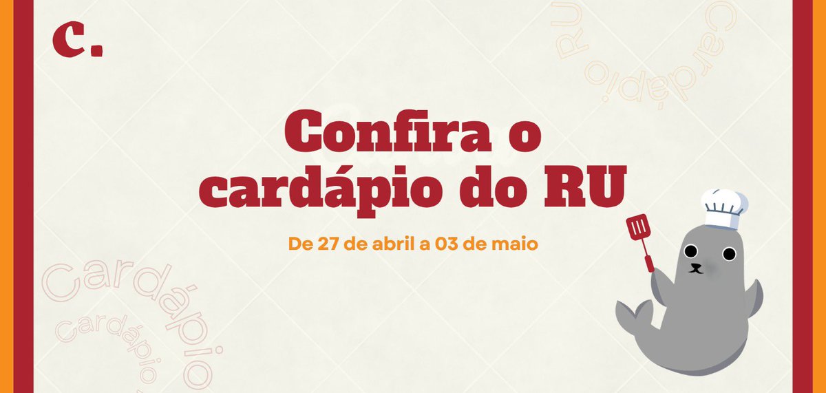 campusitofacunb's tweet image. O CARDÁPIO DO RU ESTÁ DE VOLTA 🍜

Bom dia, estudantes! 
A semana começou e o Campusito já está de olho no cardápio! 🍎 

🧶 Segue o fio e confira:

#UnB #CardápioRU #Cardápio
