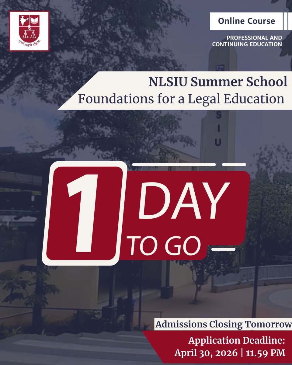 NLSIUofficial's tweet image. #AdmissionsOpen #FLE
1 day to go - Last chance to apply for #NLSIU's Foundations for a Legal Education (FLE) Certificate Course! The admission for the FLE is closing on April 30, 2026, at 11:59 PM. 
📌Course dates: May 5 - May 29, 2026
➡️To know more &amp;amp; apply click on: