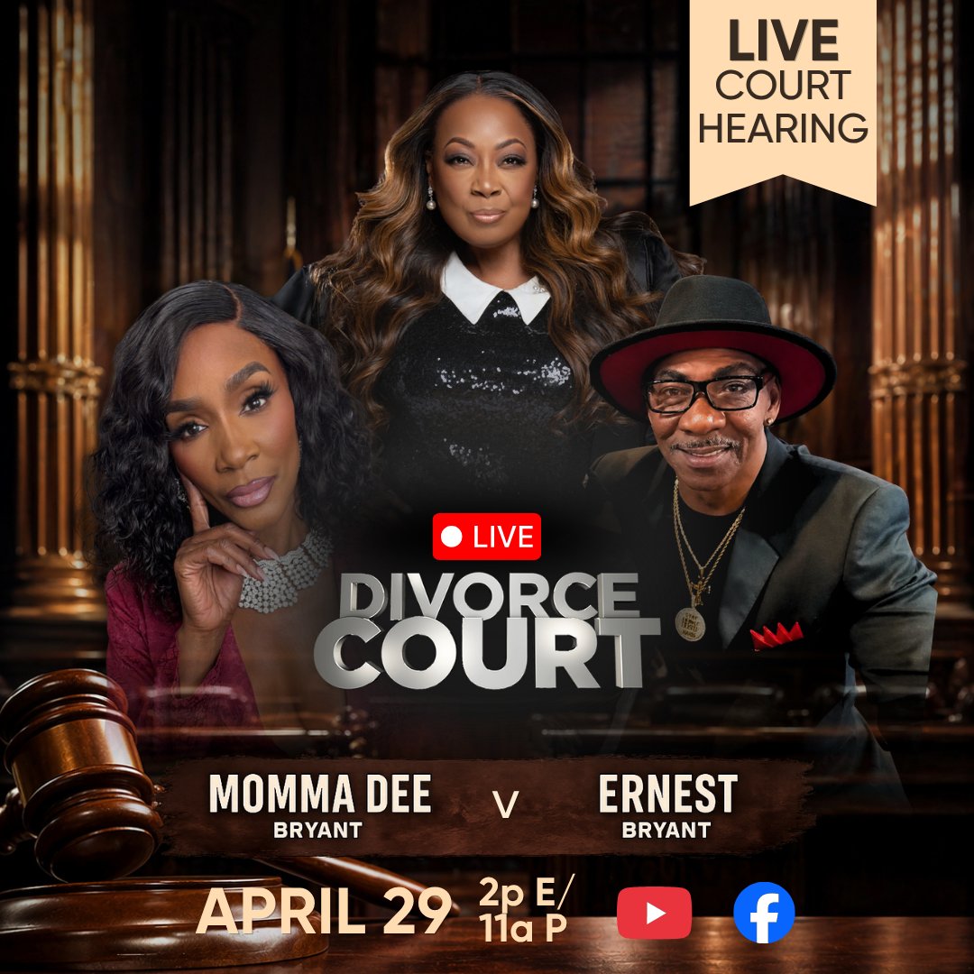 divorcecourt's tweet photo. 🚨 THIS IS NOT A DRILL 🚨

Y’all think you know them… but you haven’t seen nothing yet 👀

Momma Dee &amp; Ernest Bryant are stepping into #DivorceCourt for a LIVE HEARING 🔥

📅 APRIL 29
🕑 2P E / 11A P
🔗 https://t.co/LLINGPQ1q7

#LiveCourt #CourtTV #RelationshipDrama https://t.co/AD3L3Tk6zD