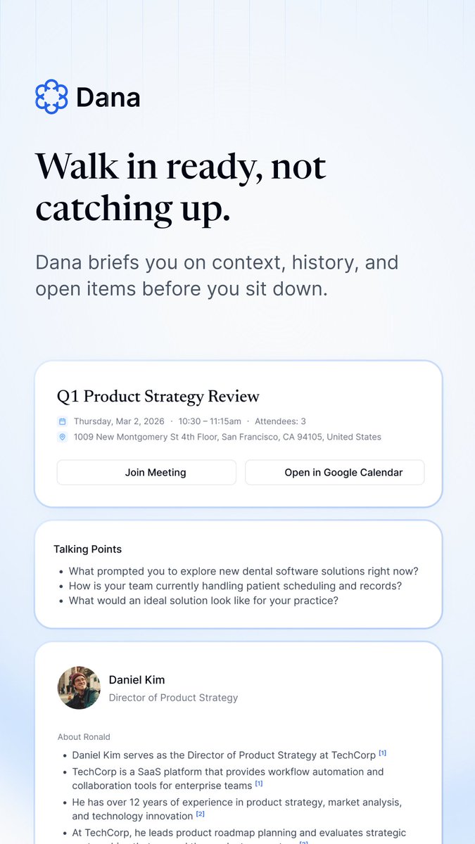 danahqco's tweet photo. Back-to-back meetings? No time to research every prospect? Dana does it for you.

Get a quick briefing before every call. Free right now at https://t.co/6ITm9h4q9P. https://t.co/RBEtQtwEBs