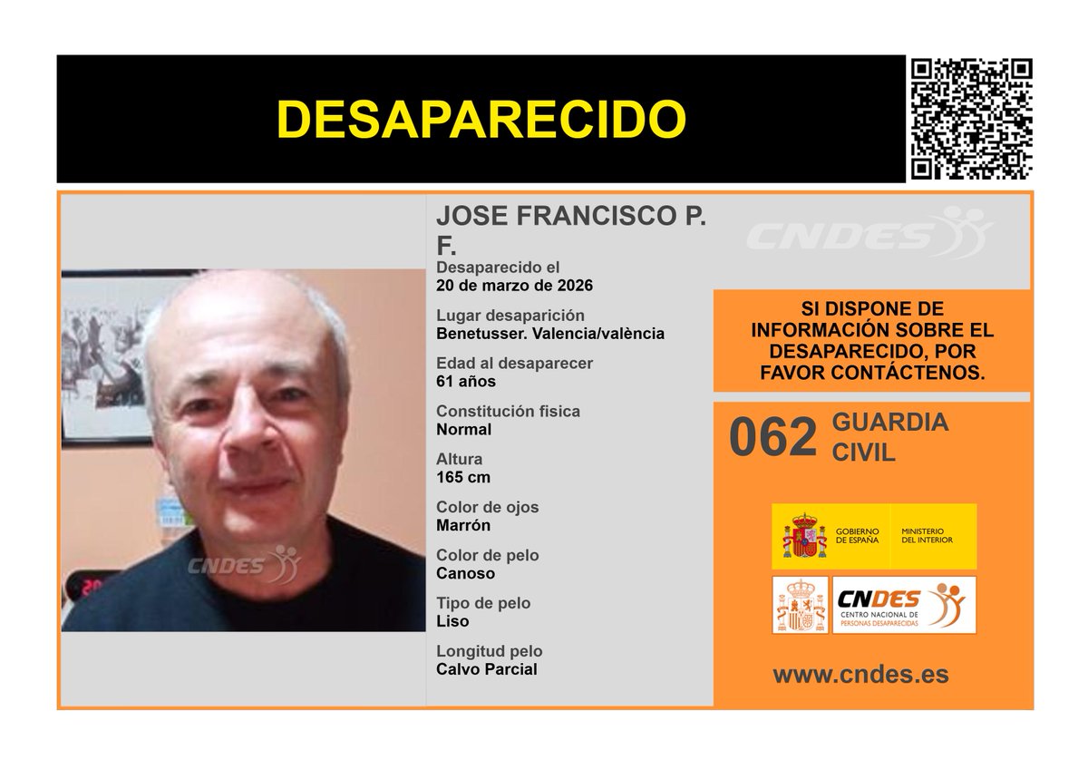 ⚠️𝘼𝙇𝙀𝙍𝙏𝘼⚠️
🚹DESAPARECIDO
Edad  61 años
🧐visto por última vez en #Benetusser #Valencia
🔄RT para ayudar a encontrarlo
Si lo has visto o tienes pistas 📩cndes-web.ses.mir.es/publico/Desapa…
📞062 <a href="/guardiacivil/">Guardia Civil</a>
🔗 Canal oficial <a href="/cndes_oficial/">CNDES</a>
#desaparecido