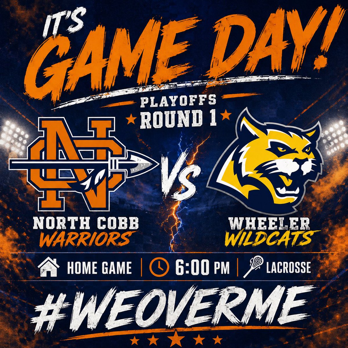 nchswarriors's tweet image. The Varsity Boys Lacrosse team is hosting Wheeler in the first round of the state playoffs at historic Emory Sewell Stadium. Face off is at 6:00. Go Warriors!!! #GRIT #1percent @cobb_sports