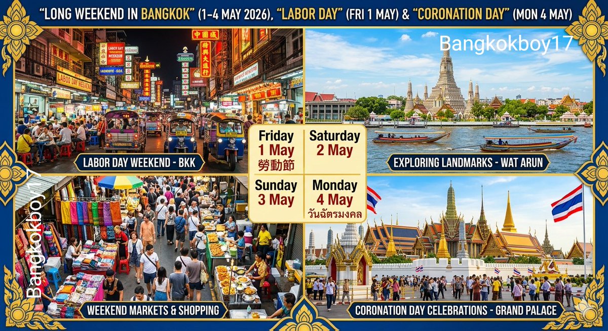 Bangkokboy17's tweet image. 𝗨𝗻𝗹𝗼𝗰𝗸 𝗬𝗼𝘂𝗿 𝗟𝗼𝗻𝗴 𝗪𝗲𝗲𝗸𝗲𝗻𝗱 𝗶𝗻 𝗕𝗮𝗻𝗴𝗸𝗼𝗸: 𝗠𝗮𝘆 𝟭-𝟰, 𝟮𝟬𝟮𝟲

From Friday, May 1, to Monday, May 4, 2026, Thailand celebrates two major public holidays back-to-back: Labor Day (May 1st) and Coronation Day (May 4th).

Friday, May 1st: Labor Day: Most