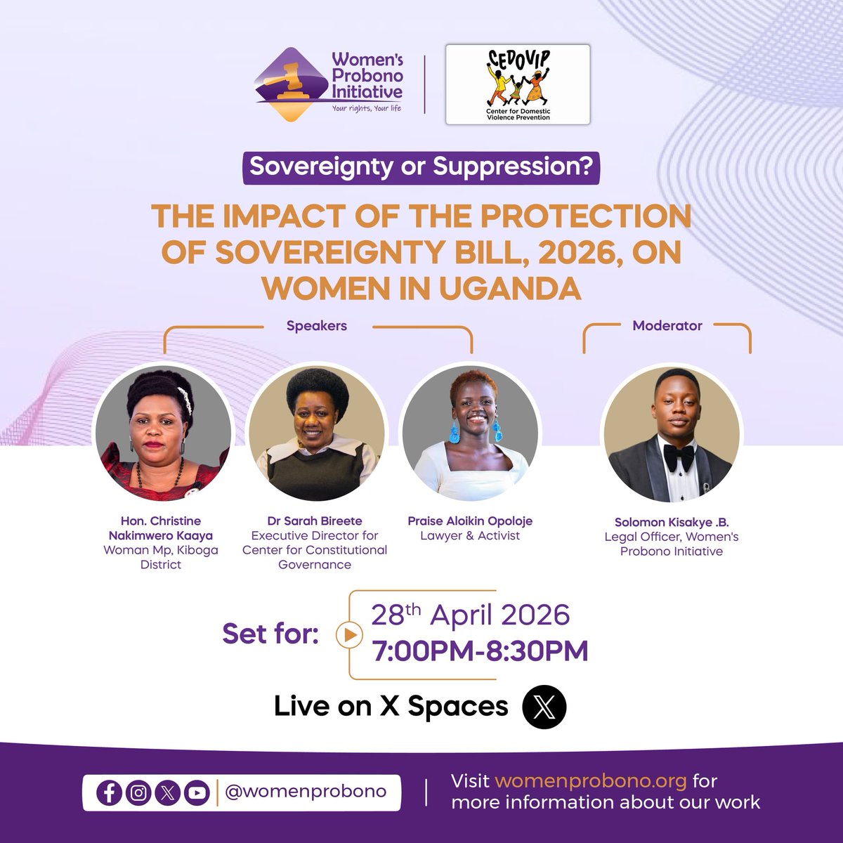 WomenProbono's tweet image. Sovereignty or suppression?

Join us tomorrow as we unpack the impact of the Protection of Sovereignty Bill of 2026 on women in Uganda and what it means for human rights, civic space, and accountability.

🗓 28 April 2026
⏰ 7:00PM–8:30PM
📍 Live on X Spaces

#WomensRights #SRHR