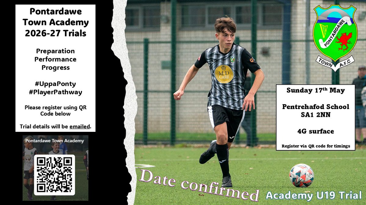 PontardaweTown's tweet photo. An excellent chance to get on board with @pontyacademyfc at age 16-19 and join our player pathway 🖤🤍 #UppaPonty

Scan the barcode or click on the link to register :

https://t.co/EHUrBaWvGb https://t.co/mfgIwxXwKS