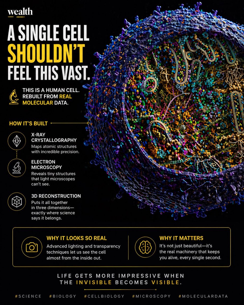 LawalIsiaq7's tweet image. A single human cell—visualized in extreme detail.

Built using real data from microscopy and X-ray science.

It looks unreal.
But this is biology at work, every second.

#science #Biology 
#Microscope