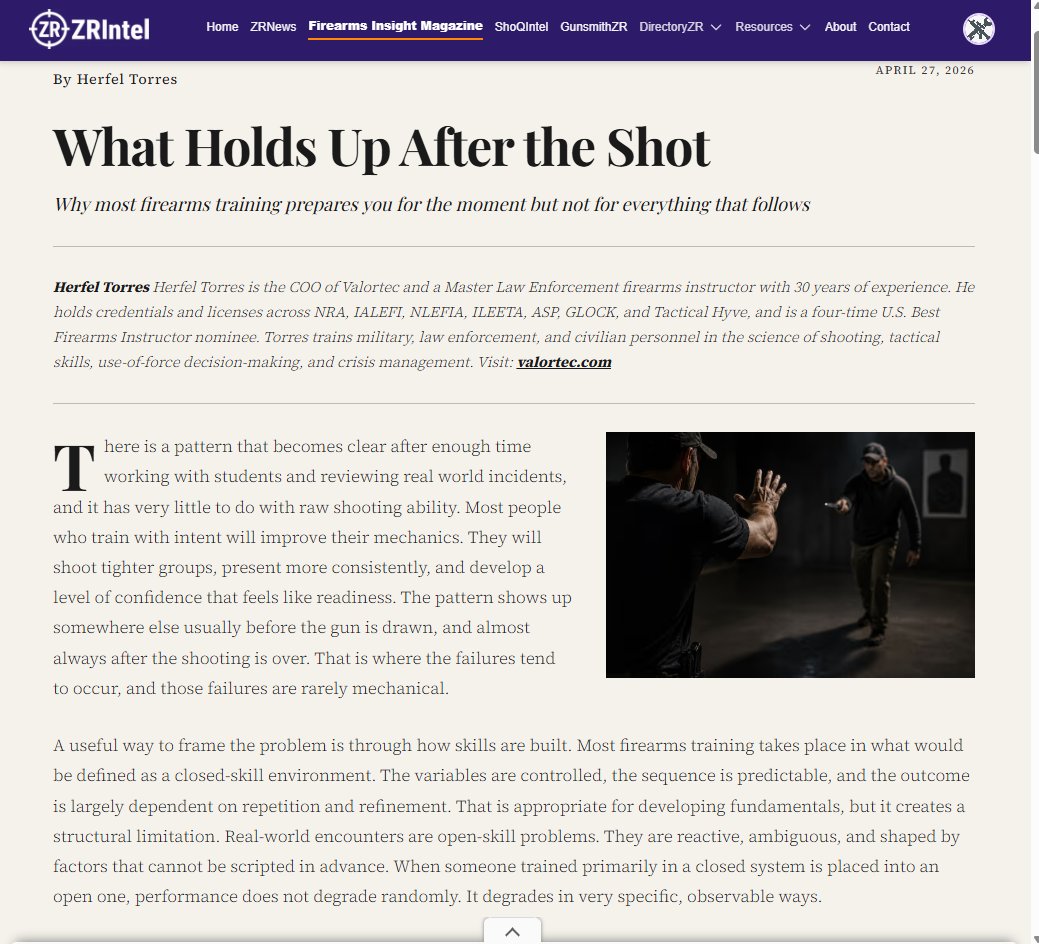 zrintel's tweet photo. Most firearms training prepares you for the moment. 
Almost none of it prepares you for what comes after.
Herfel Torres breaks down the three failure patterns that show up once legal ambiguity enters a scenario — and why Phase Three (post-incident) is where tactically correct responses become legal liabilities.

Full piece: https://t.co/kvRipDJ8dr

#FirearmsTraining #LawEnforcement #UseOfForce