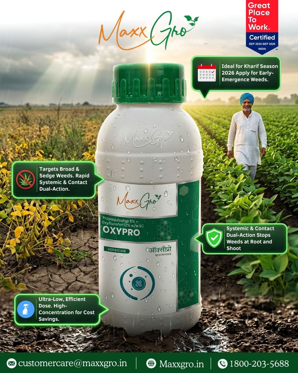 maxxgroagrology's tweet image. 🌾 Weeds don't wait and neither should you!

Kharif Season 2026 is knocking, and early-emerging weeds are already plotting against your crop. Time to fight back with OXYPRO - your fields' strongest ally! 💪🏽🔥
#maxxgro #oxypro #herbicide #kharifseason2026 #weedcontrol #farmsmart