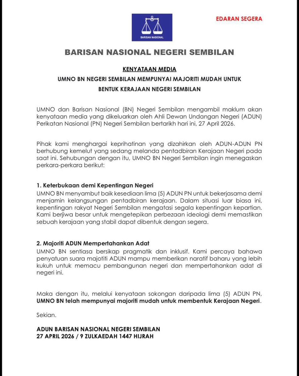 EkonomiRakyatMY's tweet photo. Barisan Nasional Negeri Sembilan umum punyai sokongan majoriti untuk bentuk Kerajaan Negeri bersama lima ADUN Perikatan Nasional

Nyatakan mereka turut mahu mempertahankan adat negeri tersebut https://t.co/fyglEs0cxg