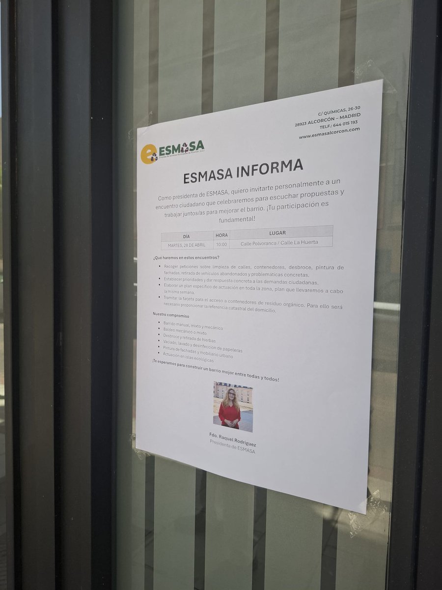 EsmasAlcorcon's tweet photo. 📋 ¡Ya hemos ubicado los carteles informativos sobre la llegada de #ESMASAEnTuZona a un nuevo barrio de Alcorcón!

👂 Mañana, estaremos escuchando las propuestas ciudadanas sobre limpieza y mantenimiento

⏰ 10:00 h
📌 C/Polvoranca - C/La Huerta https://t.co/R4xdDVjY5q