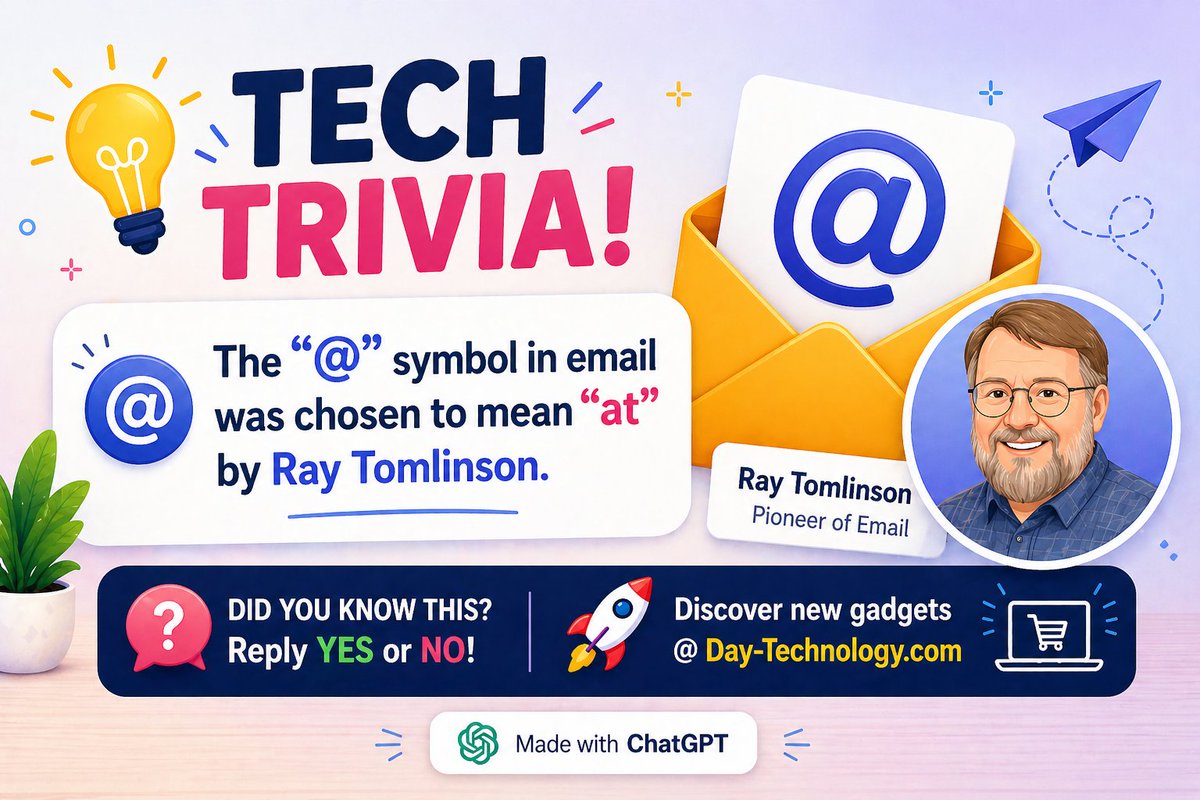 DayTechnology1's tweet image. 💡 Tech Trivia!
The “@” symbol in email was chosen to mean “at” by Ray Tomlinson 📧

👉 Did you know this? Reply YES or NO!

🚀 Discover new gadgets @ Day-Technology.com

#TechTrivia #DidYouKnow #TechFacts #Email #Technology #FunFacts #DayTechnology