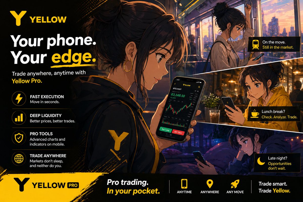 uni_cryptog's tweet image. Turn spare moments into trading moves with @Yellow.

Waiting in traffic. On lunch break. Late-night market checks.
With Yellow.pro, your phone keeps you connected to deep liquidity and fast execution wherever you are.

No desk. No limits. Just trade. $Yellow

#Yellow