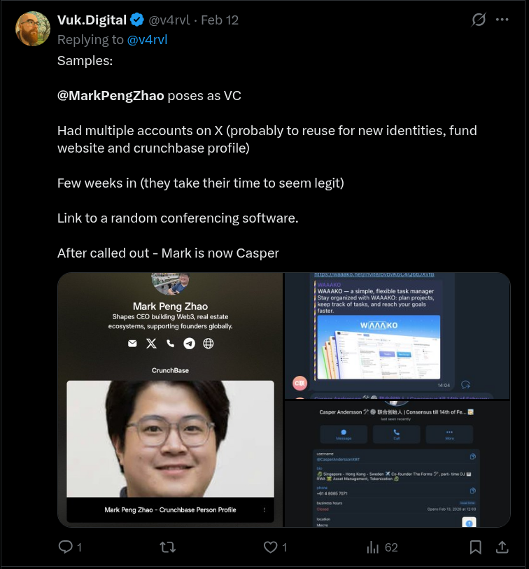 _SEAL_Org's tweet photo. Attackers impersonate legitimate figures (investors, journalists, community members) using similarly named domains/handles. They also craft complete "fake VC" personas and companies with professional landing pages, social media presence, and multiple fictitious team members. https://t.co/GpVQxs0V2G