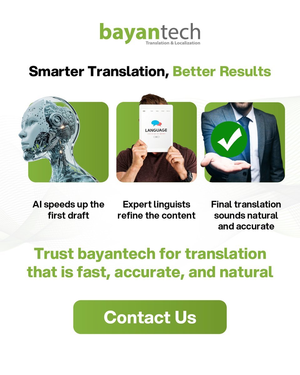 BayanTech_Loc's tweet photo. Fast translation is easy. Translation that is fast, accurate, and natural is what matters. 

Bayantech combines smart AI with expert linguists to deliver cost-effective translation in 120+ languages without losing nuance or brand voice. https://t.co/zPsvdgh74w https://t.co/AbRjtimapx