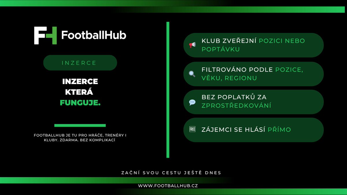 FootballHub_Cz's tweet image. Jak funguje fotbalová inzerce na FootballHub a proč je jiná.

Inzerce na FootballHub je pro registrované uživatele dostupná bez poplatků za zprostředkování. 

 → footballhub.cz  

#FootballHub #fotbal #inzerce #skauting #klub #sportmanagement #czechfootball