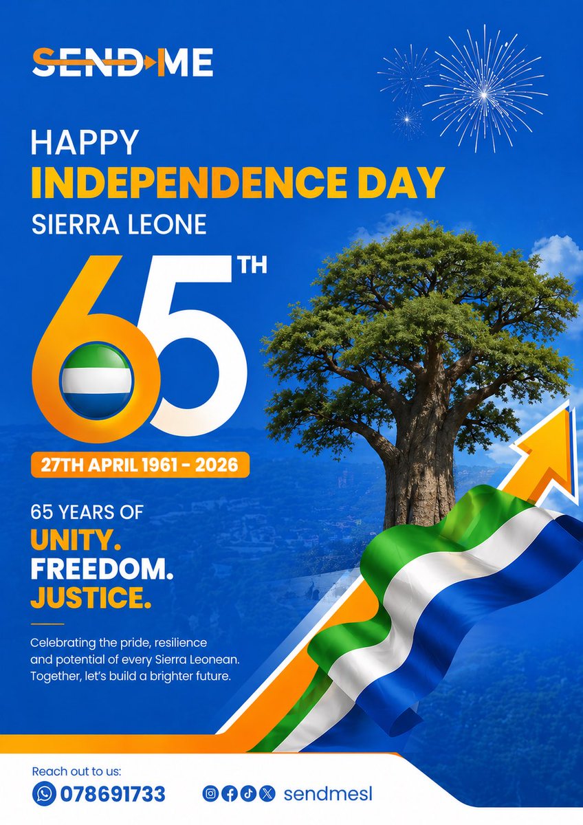 sendme_sl's tweet photo. The Management and Staff of Send Me wish all Sierra Leoneans 🇸🇱, at home and abroad, a Happy Independence Day.

As we celebrate Sierra Leone today, we remain committed to pioneering excellence in technology across the nation.

#SendMeSL
#IndependenceDay
#SL@65 https://t.co/0fpWSpOLFK