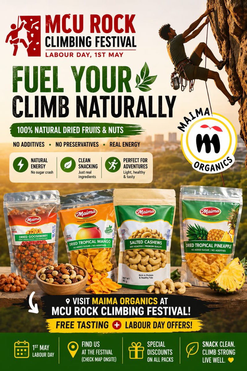 MaimaOrganics's tweet image. Fuel your climb naturally this Labour Day 🧗‍♂️🍍 Join Maima Organics at the MCU Rock Climbing Festival for FREE tasting &amp;amp;and special offers. Snack clean. Climb strong.  
#labourday #fuelyourclimb #healthysnacking #madeinuganda