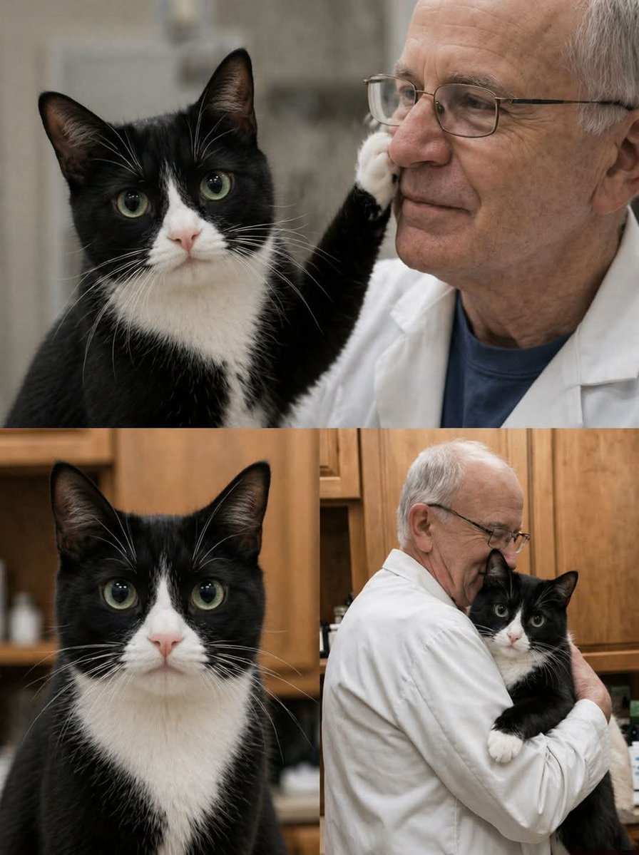 The vet hugged the Tuxedo cat. A minute later, something unexpected happened.
Dr. Arthur Pendleton had been a veterinarian for over 40 years. He had treated everything—from puppies who swallowed diamond rings to animals that survived things they shouldn’t have. But nothing had