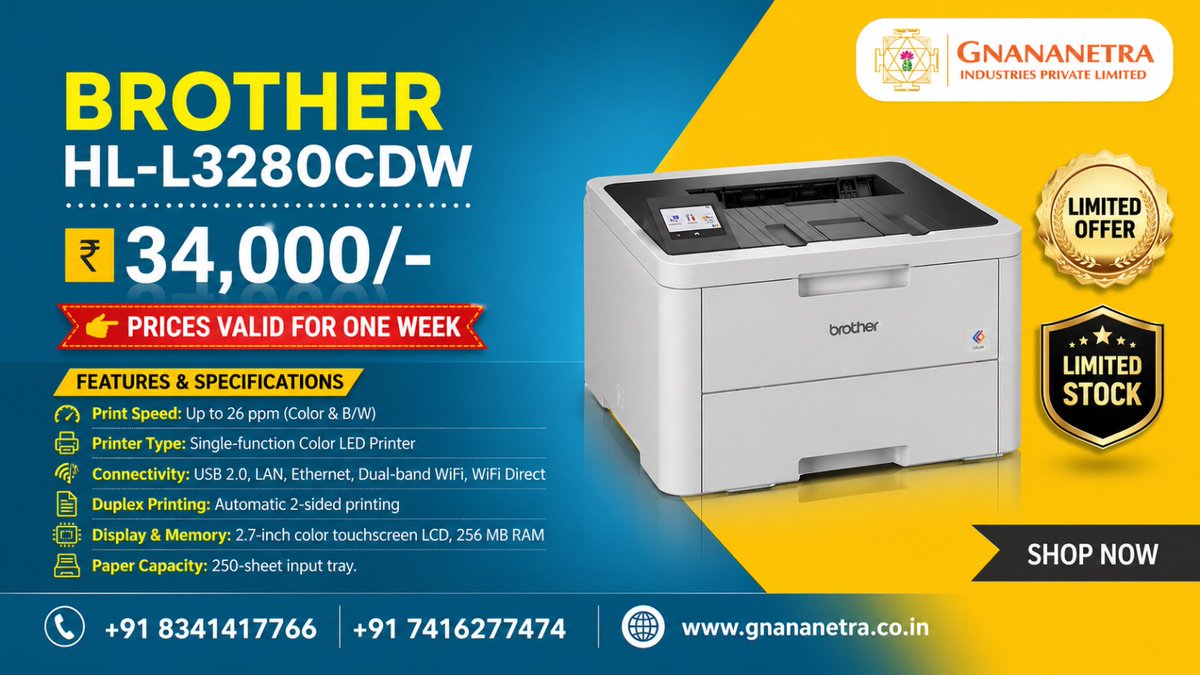 Gnananetra98433's tweet image. Businesses are shifting to color-rich communication &amp;amp; branding in 2026.
Upgrade to reliable color printing with Brother HL-L3280CDW 🖨️
₹34,000/-
⚠️ Limited Offer
⚠️ Limited Stock
⏳ Prices valid for one week
🌐 gnananetra.co.in⁠
#TechTrends #OfficePrinting #gnipl