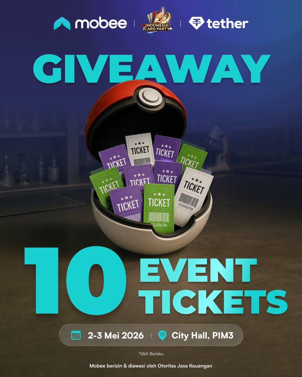 mobee_id's tweet photo. 🎟️ GIVEAWAY 10 EVENT TICKETS 🎟️

Mobee bagi 10 tiket Indonesia Card Party 2026 buat kamu.

Ikutin caranya:
• Follow @mobee_id
• Comment & mention 2 teman

📍 City Hall, PIM 3
🗓️ 2–3 Mei 2026
⏳ Periode giveaway: 27–30 April 2026
🏆 Pengumuman: 30 April 2026

#Mobee #Giveaway #ICP2026 #EventJakarta