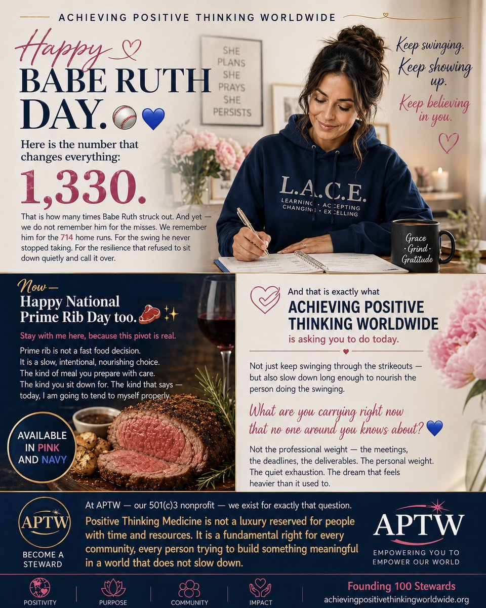 yvetteaptw's tweet photo. Babe Ruth struck out 1,330 times to get 714 home runs. ⚾️ Keep swinging, but don't forget to nourish yourself! 🥩
Positive thinking medicine is a right, not a luxury. What heavy weight are you carrying today? APTW is here to help. 💙
#APTW #PositiveThinking #Resilience https://t.co/Z4mHkd58OD