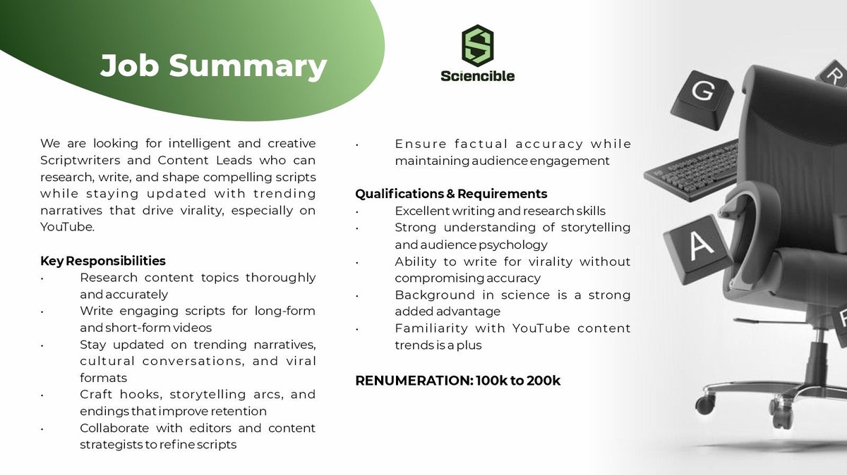 Sciencible1's tweet photo. We are Hiring: SCRIPTWRITERS/CONTENT LEADS &amp; RESEARCH WRITERS

We are looking for intelligent and creative Scriptwriters. Content Leads who can research, write, and shape compelling scripts while that drive virality, especially on YouTube.

FULLY REMOTE
Renumeration: 100k - 200k