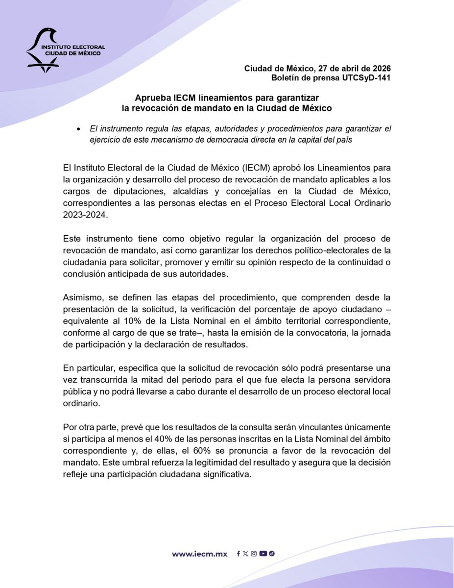 iecm's tweet photo. El #IECM aprobó los Lineamientos para la organización y desarrollo del proceso de #revocacióndemandato aplicables a los cargos de #diputaciones, #alcaldías y #concejalías en la #CDMX, correspondientes a las personas electas en el Proceso Electoral Local Ordinario 2023-2024.
https://t.co/iGqPvnpLLQ