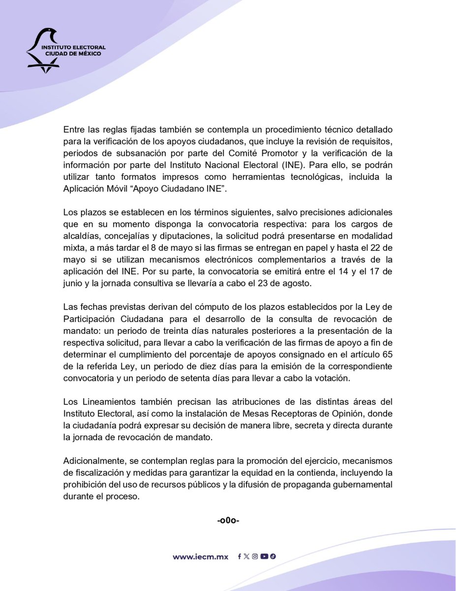 iecm's tweet photo. El #IECM aprobó los Lineamientos para la organización y desarrollo del proceso de #revocacióndemandato aplicables a los cargos de #diputaciones, #alcaldías y #concejalías en la #CDMX, correspondientes a las personas electas en el Proceso Electoral Local Ordinario 2023-2024.
https://t.co/iGqPvnpLLQ