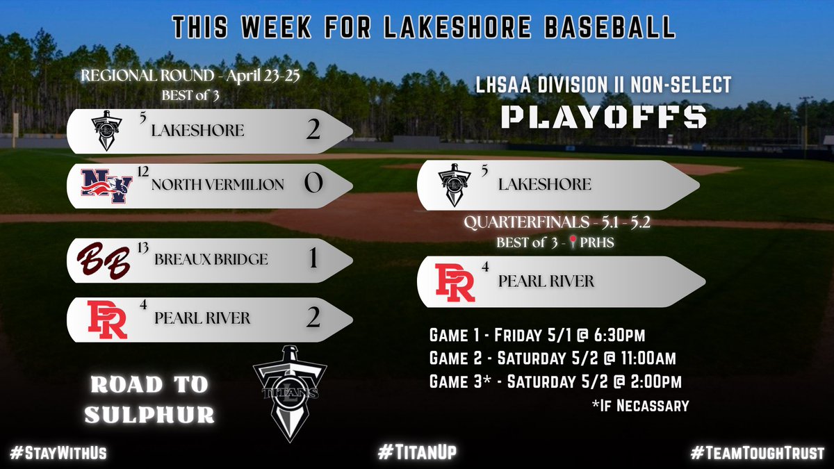 TitanUpBaseball's tweet photo. GAME WEEK! 

Here’s a look at this weekend’s Quarter Final matchup at Pearl River High School! Be there. Be loud!

#TeamToughTrust #StayWithUs https://t.co/H48bHsUdsu