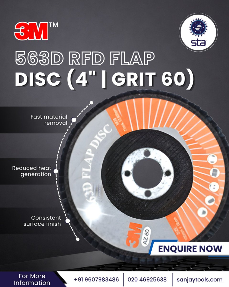 Sanjaytools's tweet photo. 3M 563D RFD Flap Disc (4” / 60 Grit) from @Sanjaytools delivers fast grinding, lower heat &amp; consistent finish for metalworking.

📞 020 46925638 / +91 96079 83486
🌐 https://t.co/GU88arLiv2
.
.
.
.
.
#3M #FlapDisc #Abrasives #Metalworking #SanjayTools https://t.co/cV0MxFdbT8